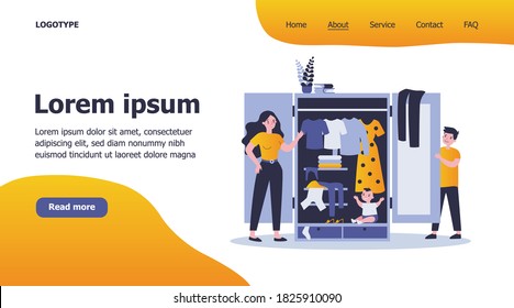 Parents finding baby in wardrobe. Happy young family, clothes storage unit, play flat vector illustration. Parenthood, childhood concept for banner, website design or landing web page