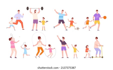 Parents Fitness Sports. Family Practicing Sportive Exercise Gym, Parent Children Sport Activities, Fit Training Workout Practice, Healthy Diet, Cartoon Vector Illustration. Family Do Fitness Exercise