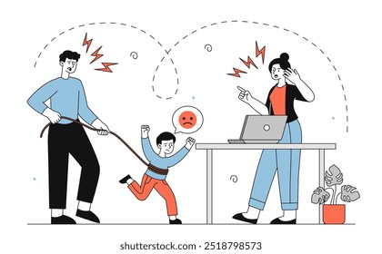 Os pais proíbem o computador. Homem e mulher não deixam criança perto do computador. Desintoxicação digital para pequenos jogadores. Luta com vício em videogames. Ilustração de vetor linear isolada no plano de fundo branco