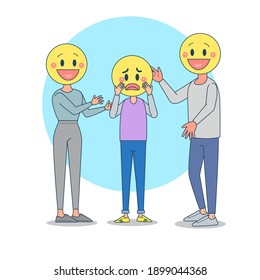 Parents forcefully completing their wish by son. Parents are happy but son beocme broken and depressed. Big isolated illustration vector with white background.