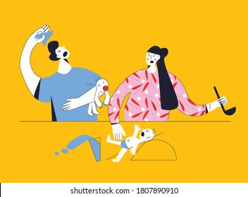 Parents frustration concept. Problems of young family. Tired mom, dad and crying twin babies.  Difficult parenting flat vector cartoon illustration with character