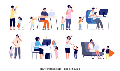 Parents with gadgets. Social network addiction, work from home and stress. Children and busy mother father, exhausted kids utter vector set