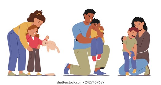 Parents Gently Wrap Their Arms Around Their Crying Children, Comforting and Calming Down them. Dad or Mom Characters Calmness With Unwavering Love And Patience. Cartoon People Vector Illustration