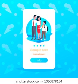 parents getting son with schoolbag from school after study happy family having fun together boy eating ice cream full length copy space