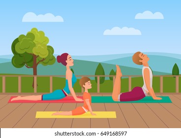 Parents with girl kid does yoga various exercises. Family yoga vector illustration.