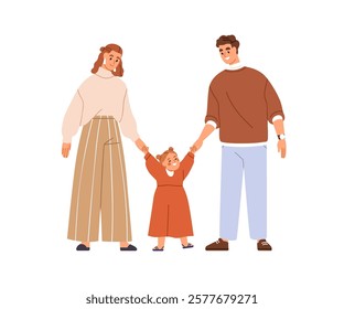 Parents and girl kid. Mother, father and daughter holding hands together. Happy family. Mom and dad teaching, helping child, toddler to walk. Flat vector illustration isolated on white background