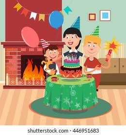 Parents Give Her Son a Dog for his Birthday. Vector illustration