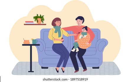 Parents give medicine to sick child. Protect human health concept. Prevention of spread of coronavirus. Dad holds daughter wrapped in blanket in his arms. Mom holds out spoon with potion to girl