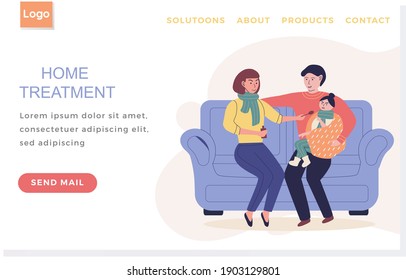 Parents give medicine to sick child. Home treatment landing page template. Protect human health concept. Prevention of spread of coronavirus. Dad holds daughter wrapped in blanket in his arms