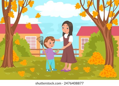 Parents give money kid. Mom pays son to clean garden. Financial literacy training. Ability to earn cash. Commercial education. Child cleaning lawn of leaves. Splendid