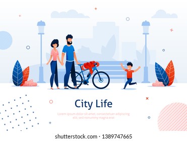 Parents Giving Bicycle with Bow as Present Banner Vector Illustration. Happy Child Boy Running to Bike with Ribbon in Flat Style in Park. Gift for Kid. Family Celebration of Holidays. Eco transport
