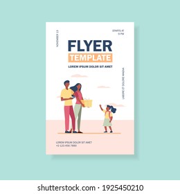 Parents giving gift to little daughter. Family couple and child with present box flat vector illustration. Birthday, surprise, childhood concept for banner, website design or landing web page