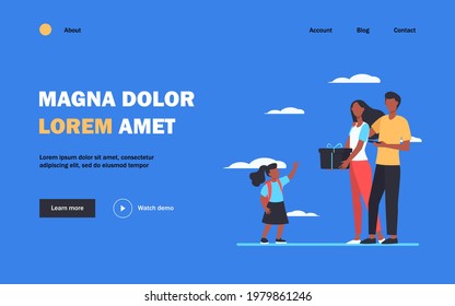 Parents giving gift to little daughter. Family couple and child with present box flat vector illustration. Birthday, surprise, childhood concept for banner, website design or landing web page