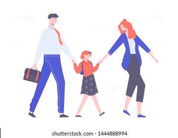 Parents go along with the child holding his hands, escorted to school, friendly and happy family, mom and dad with her daughter, flat characters vector