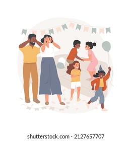 Parents go nuts isolated cartoon vector illustration Noisy children party, family life, Birthday celebration, kids running and screaming, parents holding head, going nuts vector cartoon.