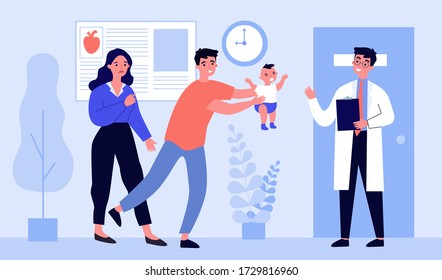 Parents going to doctor with their child. Physician greeting patient and baby crying flat vector illustration. Healthcare and hospital concept for banner, website design or landing web page