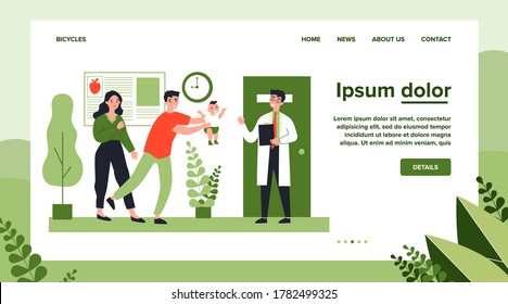 Parents going to doctor with their child. Physician greeting patient and baby crying flat vector illustration. Healthcare and hospital concept for banner, website design or landing web page