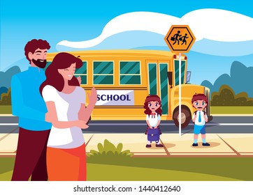 parents goodbye to children in school bus