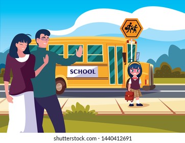 parents goodbye to daughter in school bus