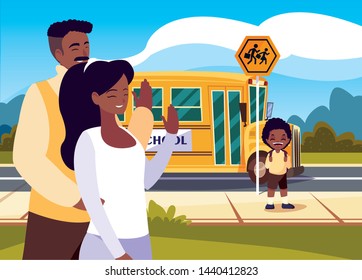parents goodbye to son in school bus