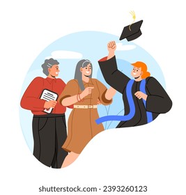 Parents and graduated student concept. Happy boy with graduation hat near mother and father. Education, learning and training. Cartoon flat vector illustration isolated on white background