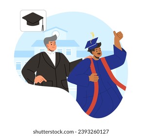 Parents and graduated student concept. Happy boy with graduation hat near father. Successful pupil. Graphic element for website. Cartoon flat vector illustration isolated on white background