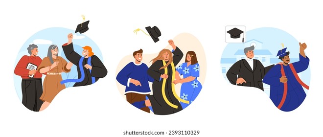 Parents and graduated student set. Boys and girls with grasduation hats. Education, learning and training. School and university. Cartoon flat vector collection isolated on white background
