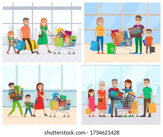 Parents and grandparents with children holding purchases. Man and woman character with packages and cart with bags, family shopping day, market vector