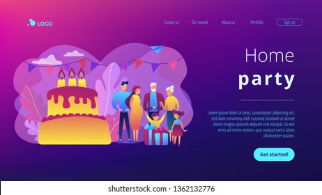 Parents, grandparents and children with presents at big cake with celebrating, tiny people. Family tradition, family reunion, home party concept. Website vibrant violet landing web page template.