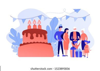 Parents, grandparents and children with presents at big cake with celebrating, tiny people. Family tradition, family reunion, home party concept. Pinkish coral bluevector isolated illustration