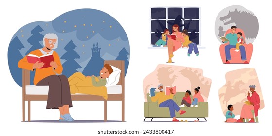 Padres Y Abuelos Leyendo Cuentos De Hadas Mágicas A Los Niños, Transportándolos A Reinos Encantadores, Tejiendo Sueños A Través De Páginas, Fomentando La Imaginación, Uniendo Corazones En Cuentos Para Dormir, Conjunto De Vectores