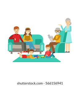 Parents And Grandparents Watching Kids Play, Happy Family Having Good Time Together Illustration