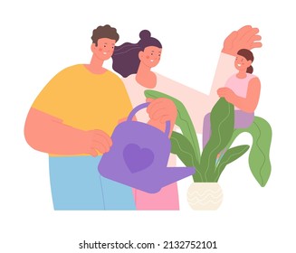 Los padres tienen hijos. Cuidados familiares y una hija viva y feliz sentada en una maceta floral en la planta, madre y padre regándola. Relación, concepto de vector de desarrollo de niños