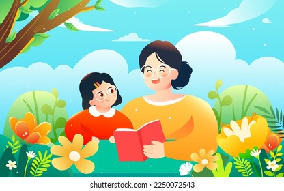 Parents guide their children to read and study, the background is various books and plants, vector illustration