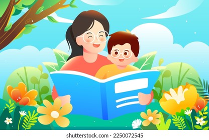 Parents guide their children to read and study, the background is various books and plants, vector illustration