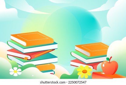 Parents guide their children to read and study, the background is various books and plants, vector illustration