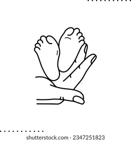 a parent's hand holds the baby's feet, motherhood outline icon 