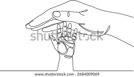 Parent's hand protecting a baby's hand. Continuous one line drawing. Symbol of family, love, safety, and care. Minimalist vector illustration for concepts of parenthood, charity, and support.
