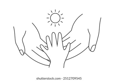 parents hands holding kid palm. big caring mom and dad hands. family relationship and protection. line vector illustration isolated