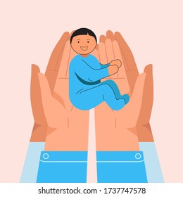 Parents hands holding kid. Vector illustration concept for taking care about children, parenting, value of family, love to kids