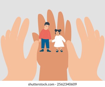 Parents' hands symbolize protection and care, with a brother and sister holding hands, standing together, representing family love, sibling bond, and parental support. Vector illustration