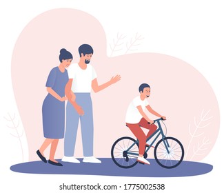 Parents are happy that the child has learned to ride a bicycle. A teenager rides a bicycle. A couple stands embracing. A happy family. Flat vector illustration.
