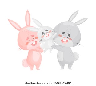 Parents hares hold in their hands a little hare. Vector illustration on a white background. svg