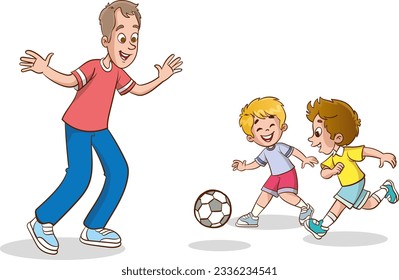 padres divirtiéndose con sus hijos. Papi, padre pasando tiempo con niños jugando deportes de juegos activos. Papá juega fútbol con los hijos 