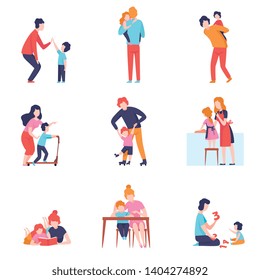 Parents Having Good Time with Kids Set, Mother and Father Teaching and Playing with Sons and Daughters Vector Illustration