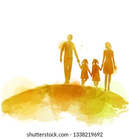 Parents having good time with their child.  Happy family walking together isolated on white background. Watercolor style. Vector illustration