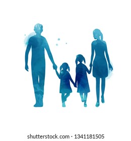 Parents having good time with their child.  Happy family walking together isolated on white background. Watercolor style. Vector illustration.