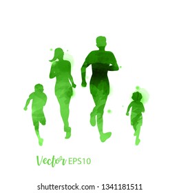 Parents having good time with their child.  Happy family walking together isolated on white background. Watercolor style. Vector illustration.