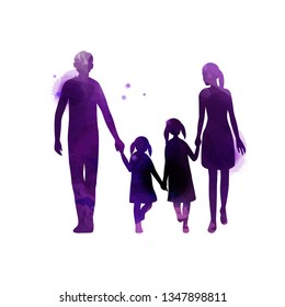 Parents having good time with their child.  Happy family walking together isolated on white background. Watercolor style. Vector illustration.