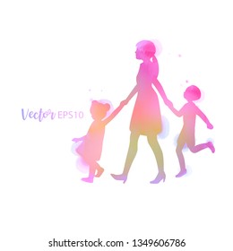 Parents having good time with their child.  Happy family walking together isolated on white background. Watercolor style. Vector illustration.